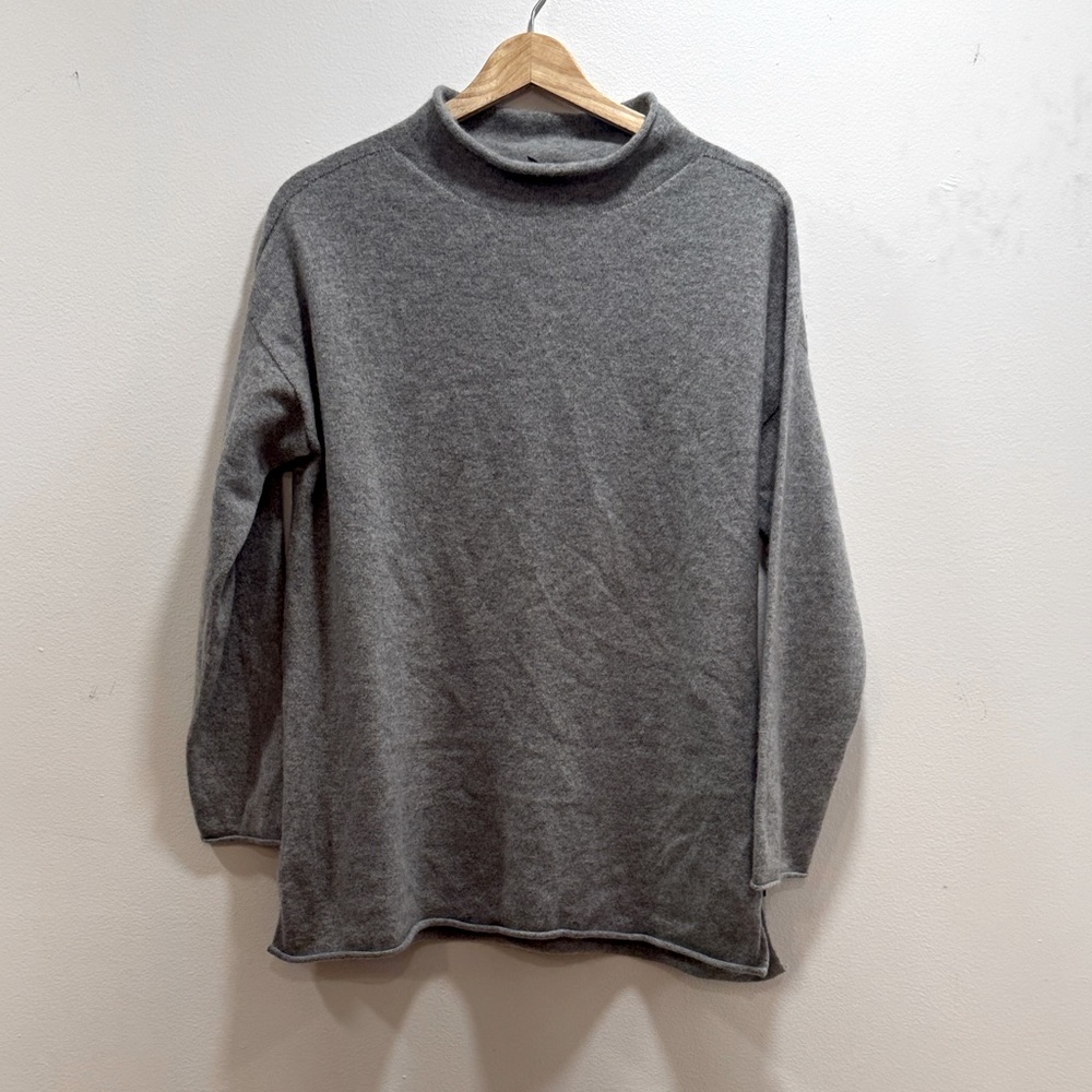 Eileen Fisher Gray Cashmere Roll Hem, Cuff, Mock Neck Sweater SP